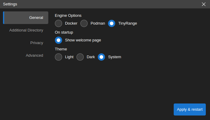 Engine options dialog