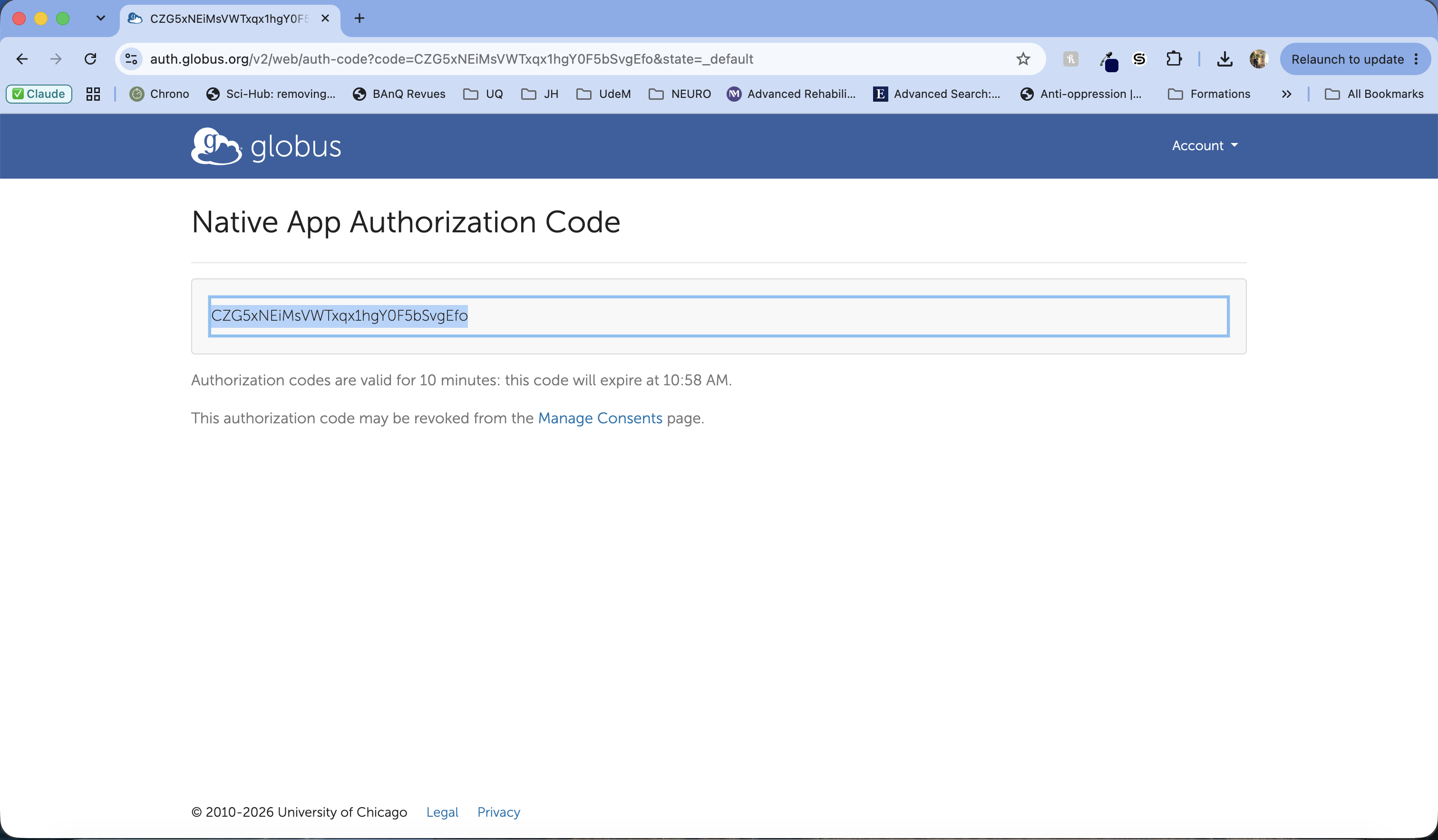 Globus page displaying a Native App Authorization Code
